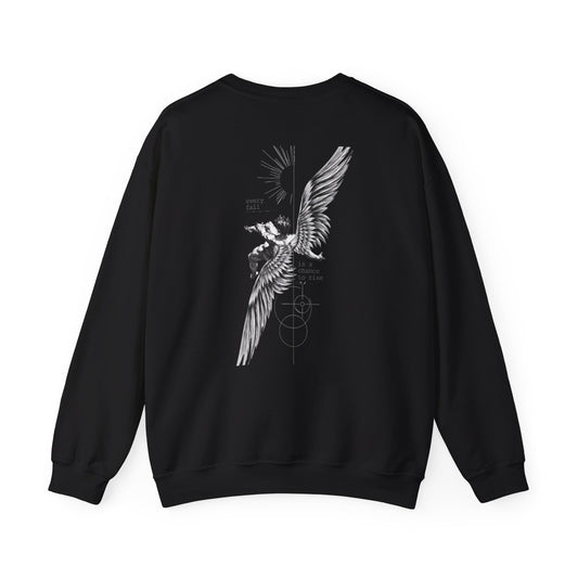 Crewneck Sweatshirt — Black Minimal Cross & Geometric Flying Bird Graphic