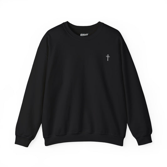 Crewneck Sweatshirt — Black Minimal Cross & Geometric Flying Bird Graphic